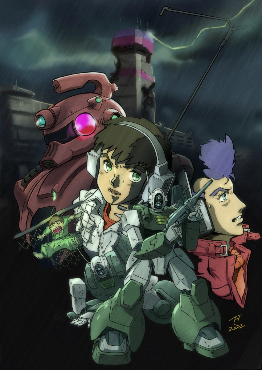 1980s_(style), 2022, 3boys, alien, arv-f_jago, barts_lyan, beam_rifle, brown_hair