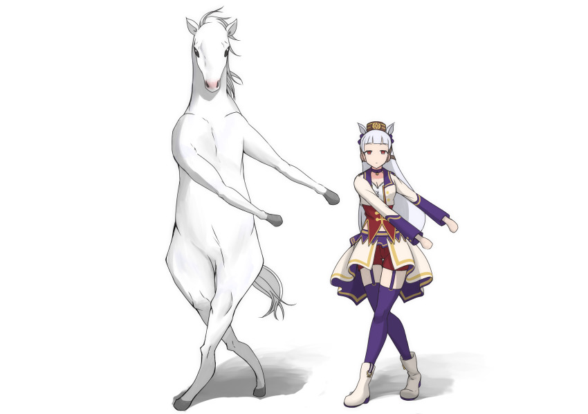 1girl, 1other, animal_ears, blunt_bangs, boots, brown_headwear, creature_and_personification, empty_eyes