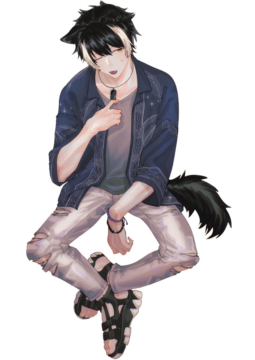1boy, adjusting_clothes, animal_ears, black_hair, black_sandals, blue_jacket, bracelet, crew_neck