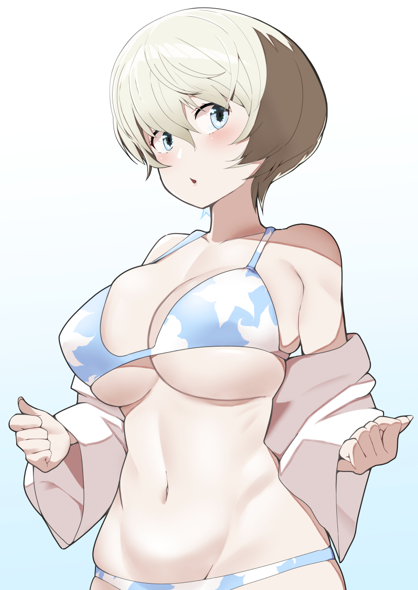 1girl, absurdres, bikini, blonde_hair, blue_bikini, blue_eyes, blush, breasts