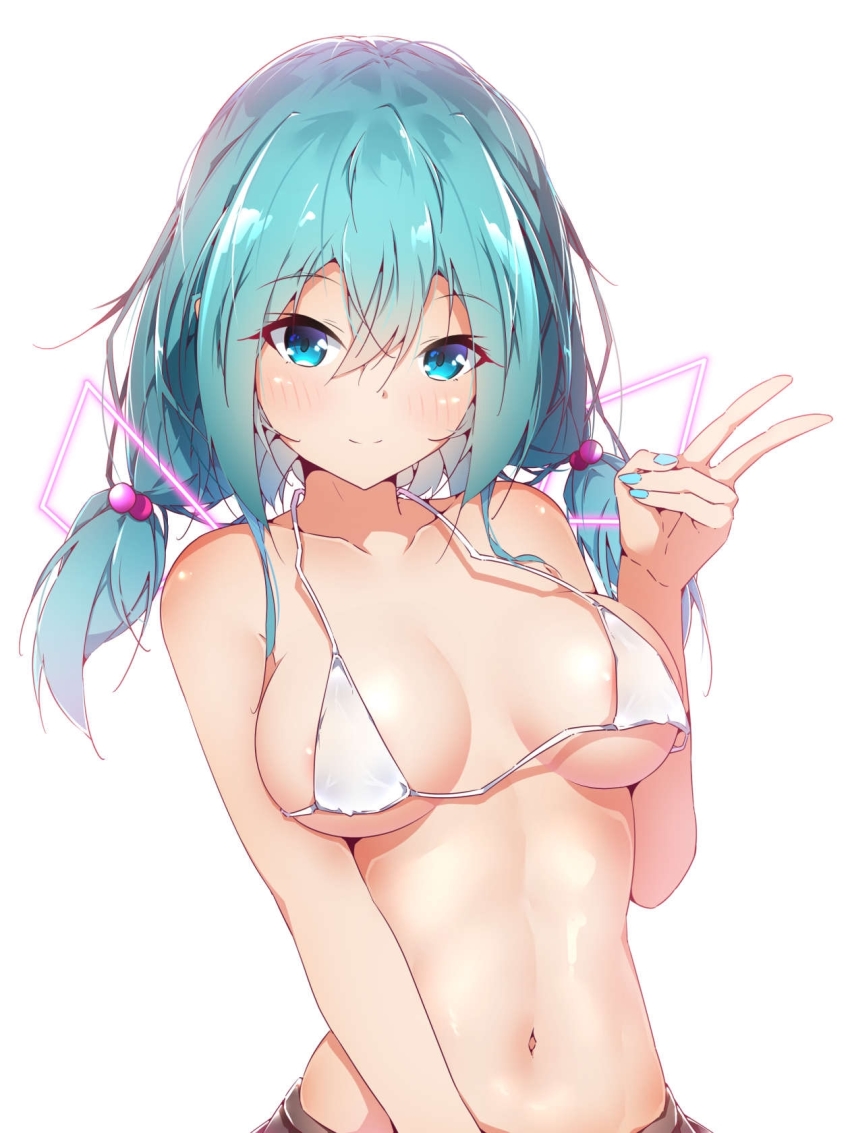1girl, alternate_costume, alternate_hair_length_(shorter), alternate_hairstyle, aqua_eyes, aqua_hair, areola_slip, bare_arms, bare_shoulders, bikini, blush, breasts, breasts_apart, closed_mouth, commentary_request, hair_between_eyes, halkawa501, halterneck, hand_up, hatsune_miku, highres, looking_at_viewer, medium_breasts, medium_hair, navel, shiny_skin, short_twintails, sidelocks, simple_background, smile, solo, stomach, string_bikini, swimsuit, twintails, upper_body, v, vocaloid, white_background, white_bikini