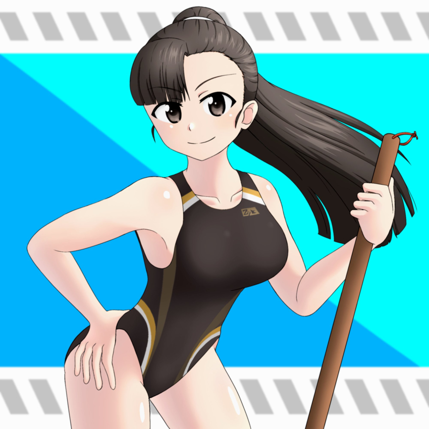 1girl, black_hair, black_one-piece_swimsuit, blush, breasts, brown_eyes, closed_mouth, edgar0ekaki, girls_und_panzer, hand_on_own_hip, highres, large_breasts, leaning_forward, long_hair, looking_at_viewer, mop, nishi_kinuyo, one-piece_swimsuit, ponytail, school_swimsuit, smile, solo, swimsuit