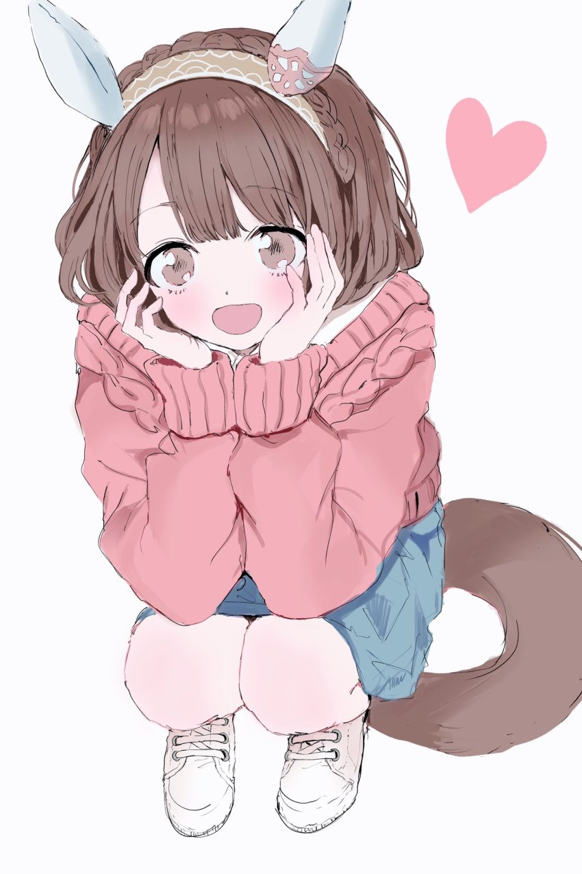 animal_ears, bad_id, bad_twitter_id, blush, brown_eyes, brown_hair, casual, commentary_request, hands_on_own_face, headband, heart, highres, horse_ears, horse_tail, kh87136648, medium_hair, open_mouth, shoes, simple_background, sitting, tail, umamusume, white_background, yukino_bijin_(casual)_(umamusume), yukino_bijin_(umamusume)