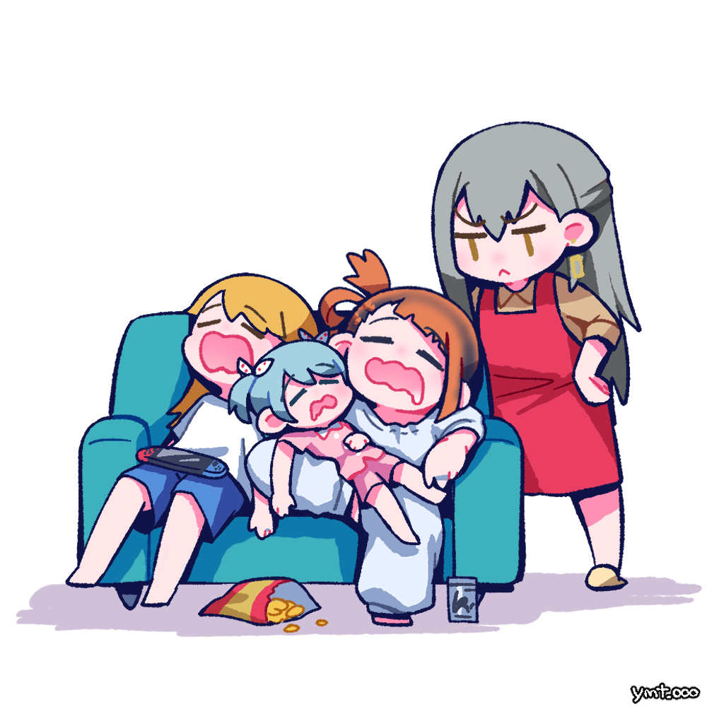 >:(, 4girls, :<, asymmetrical_bangs, barefoot, blonde_hair, blue_hair, blue_shorts