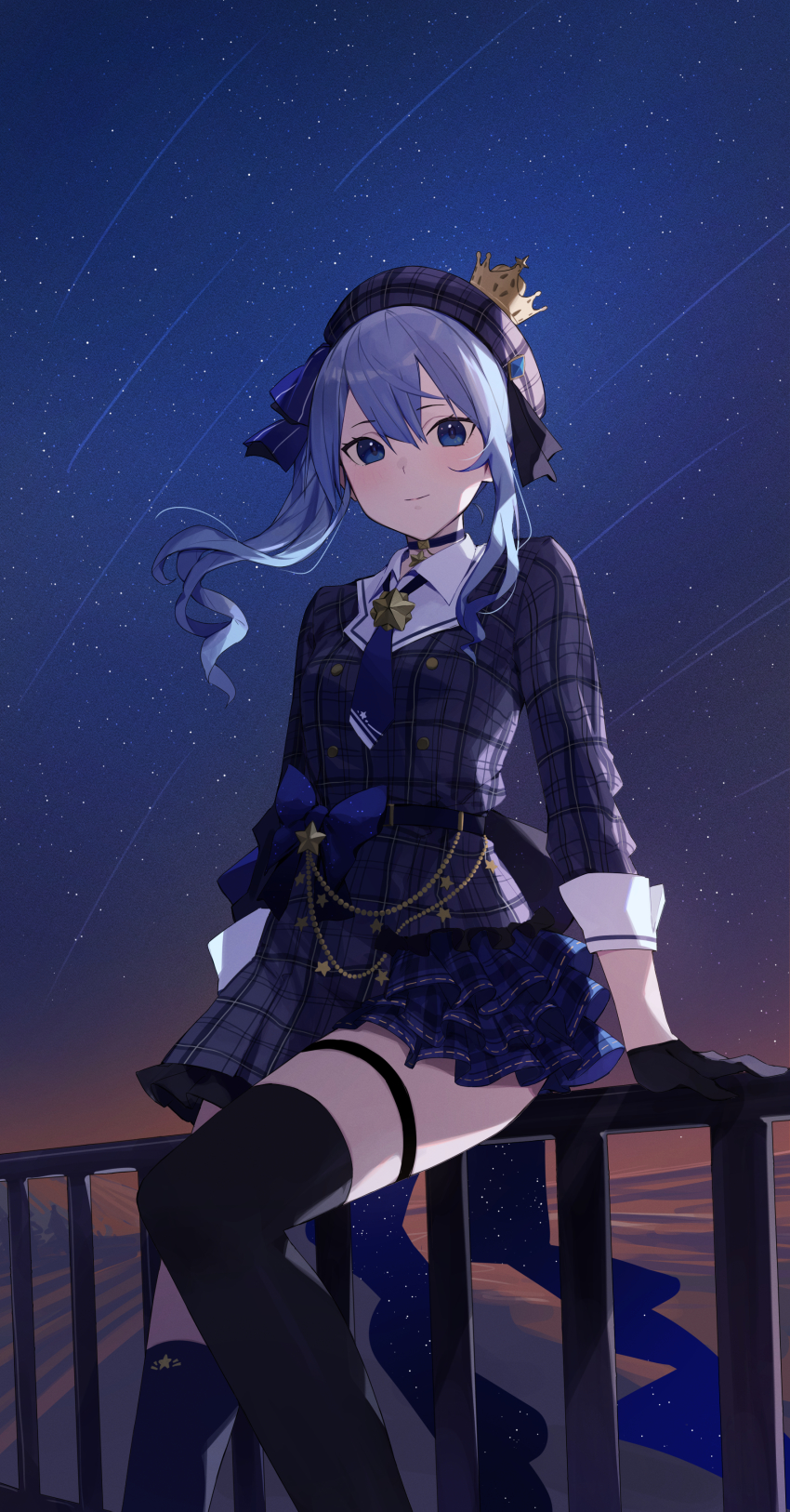 1girl, absurdres, ascot, asymmetrical_legwear, belt, beret, black_gloves, blue_ascot