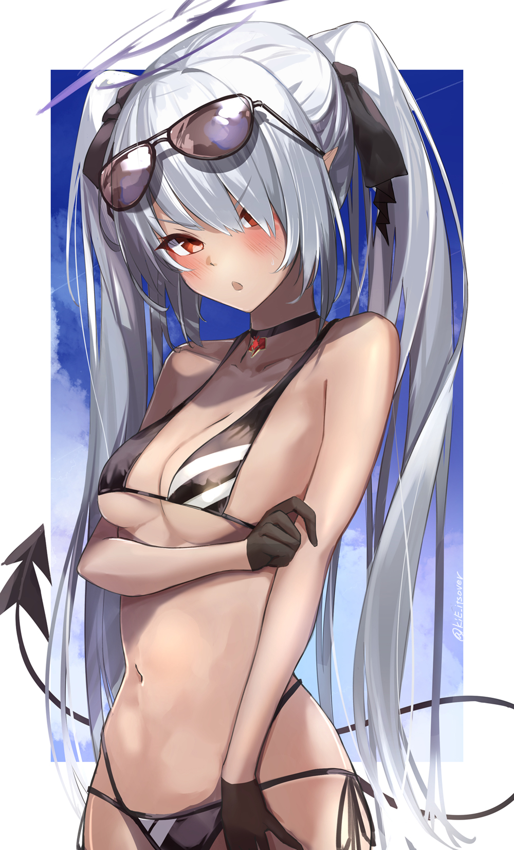 1girl, :o, arm_under_breasts, bare_arms, bare_shoulders, bikini, black-framed_eyewear, black_bikini