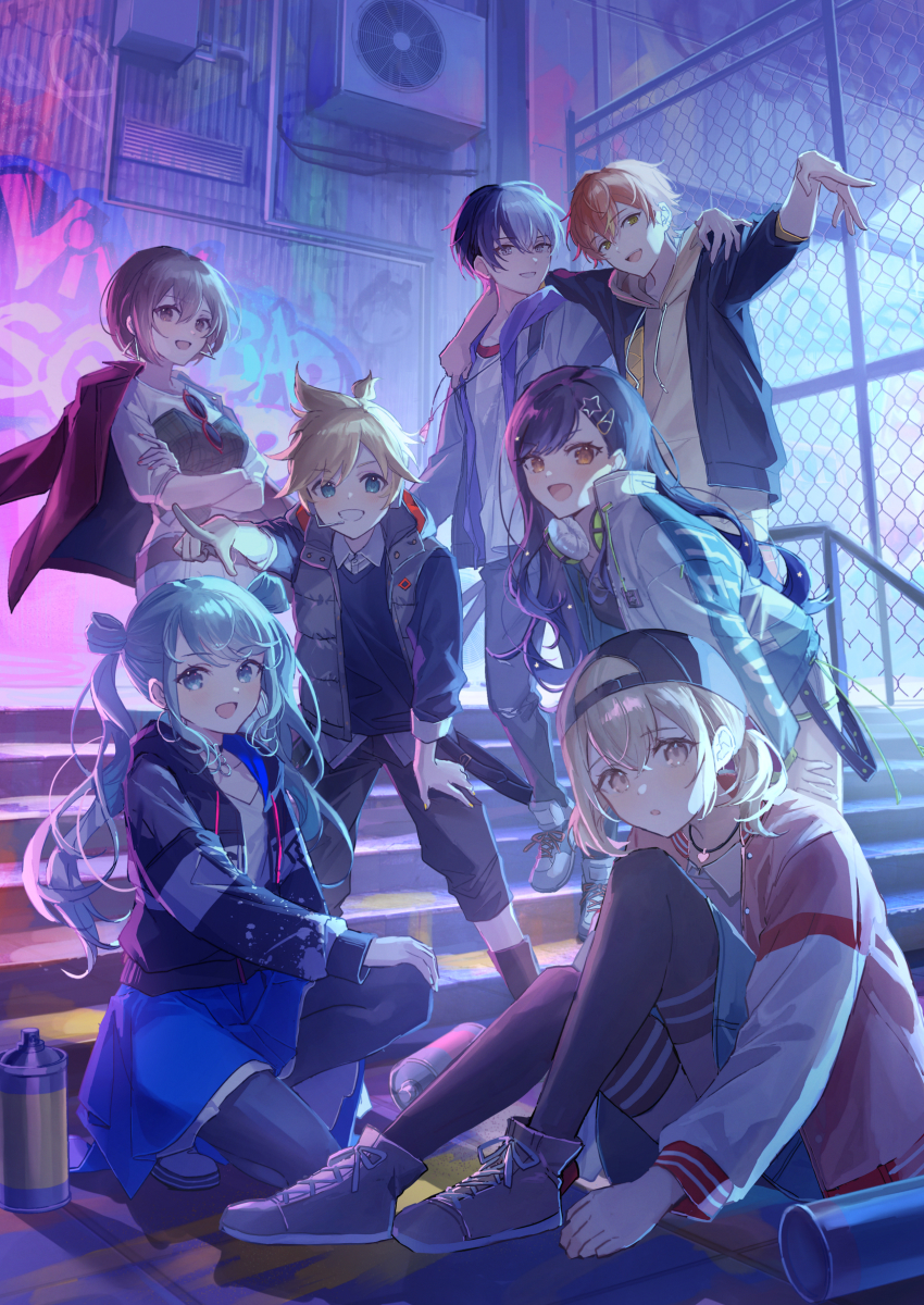 3boys, 4girls, :d, :o, absurdres, aoyagi_touya, aqua_eyes, azusawa_kohane