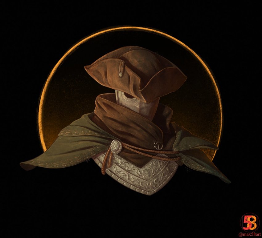 1boy, armor, breastplate, brown_hat, cape, dark_souls_(series), dark_souls_iii, full_armor