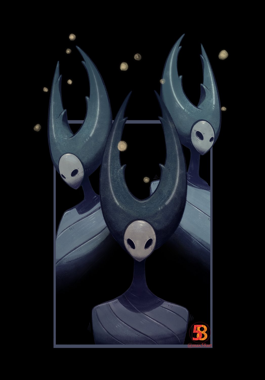 3others, black_border, border, highres, hollow_eyes, hollow_knight, horns, looking_at_viewer