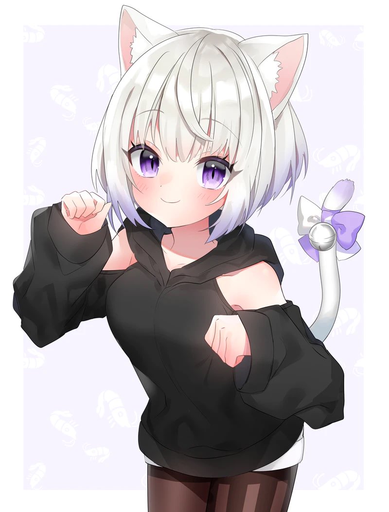 1girl, animal_ears, asymmetrical_legwear, bell, black_hoodie, black_pantyhose, bow, breasts, brown_pantyhose, cat_ears, cat_girl, cat_tail, clothing_cutout, commission, hood, hood_down, hoodie, indie_virtual_youtuber, juuroku_anna, medium_breasts, mismatched_legwear, nekome_shia, pantyhose, paw_pose, purple_eyes, short_hair, short_shorts, shorts, shoulder_cutout, skeb_commission, smile, striped_clothes, striped_pantyhose, tail, tail_bell, tail_bow, tail_ornament, virtual_youtuber, white_hair