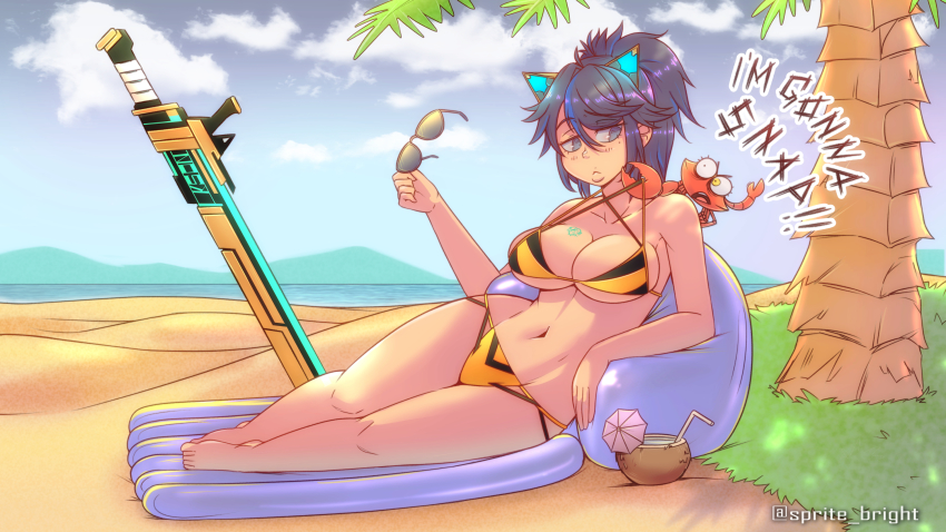 1girl, beach, bikini, black_hair, blue_eyes, breasts, crab, english_text, unworn_eyewear, gyorai, highres, holding, holding_removed_eyewear, inflatable_raft, kson, large_breasts, lying, on_side, palm_tree, planted, planted_sword, planted_weapon, ponytail, sunglasses, sunglasses_removed, swimsuit, sword, tree, virtual_youtuber, vshojo, weapon
