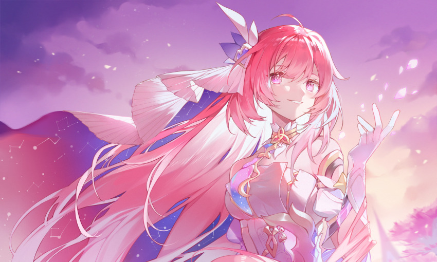 1girl, :d, ahoge, bare_shoulders, breasts, cleavage, cloud, cloudy_sky