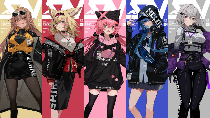 5girls, :3, :d, ahoge, animal_ear_fluff, animal_ears, bag, baseball_cap