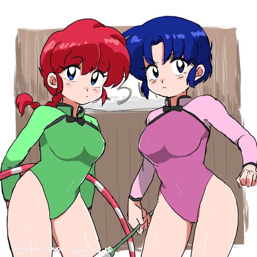 2girls, athletic_leotard, azumaya_(paipaidekai), blue_eyes, blue_hair, breasts, commission, commissioner_upload, cosplay, cowboy_shot, green_leotard, gymnastics, highres, hoop, hula_hoop, juggling_club, leotard, long_hair, long_sleeves, medium_breasts, multiple_girls, non-web_source, pink_leotard, ranma-chan, ranma-chan_(cosplay), ranma_1/2, red_hair, rhythmic_gymnastics, short_hair, sidelocks, standing, tendou_akane