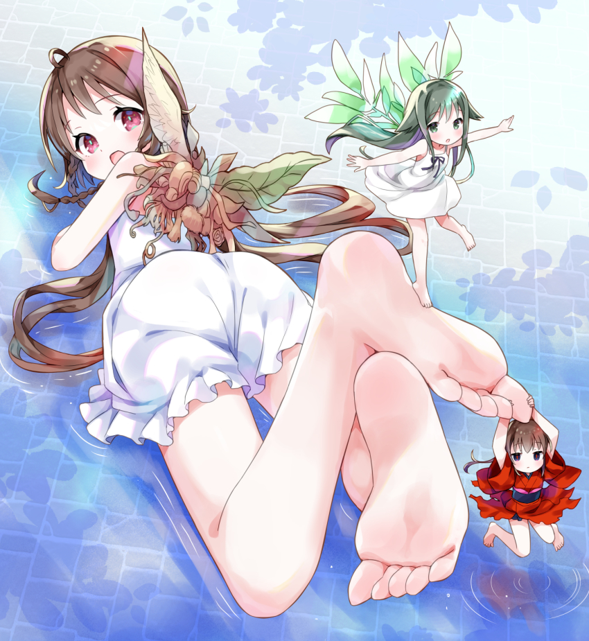 3girls, :d, amimi, balancing, bare_legs, barefoot, black_hair, brown_hair, character_request, commission, dress, fairy_wings, feet, female_focus, foot_focus, from_behind, full_body, green_eyes, hair_flaps, hanging, highres, japanese_clothes, kimono, kurame, long_hair, looking_at_viewer, looking_back, lying, mini_person, minigirl, multiple_girls, on_stomach, open_mouth, original, purple_eyes, red_kimono, saya_(saya_no_uta), saya_no_uta, sayonara_wo_oshiete, smile, soles, standing, standing_on_one_leg, sugamo_mutsuki, the_pose, toes, white_dress, wings
