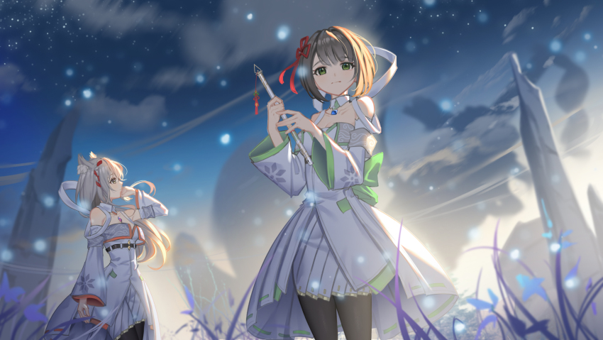 1girl, 2girls, agnus_female_off-seer_uniform, al_guang, animal_ears, bare_shoulders, chest_jewel, detached_collar