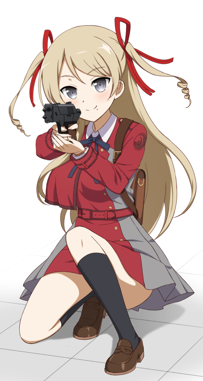 1girl, blonde_hair, cosplay, dress, drill_hair, grey_dress, gun, hair_between_eyes