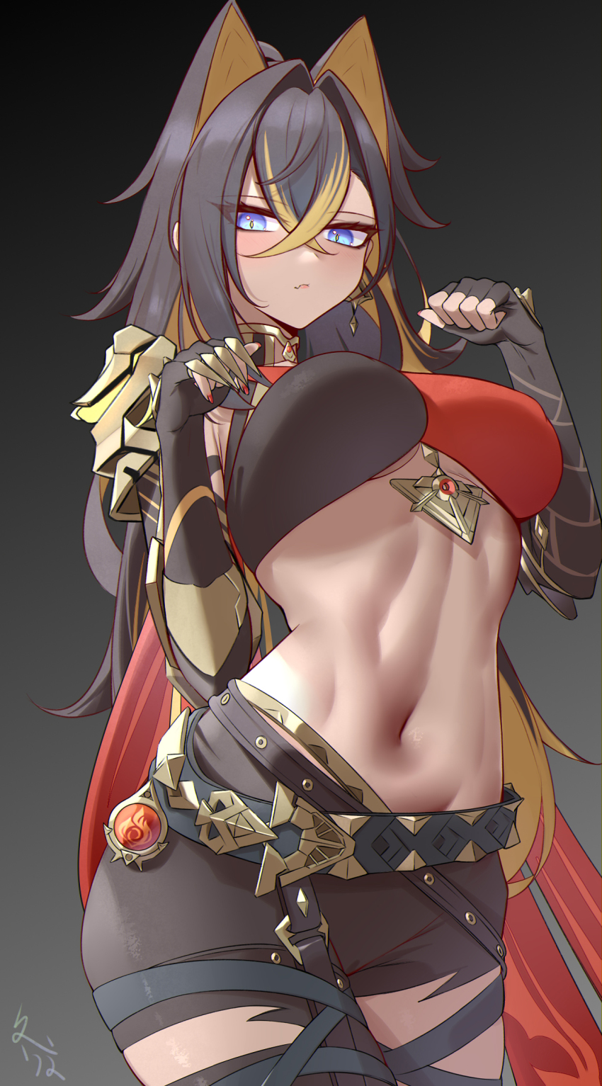 1girl, animal_ears, belt, black_gloves, black_hair, black_pants, blue_eyes, blush