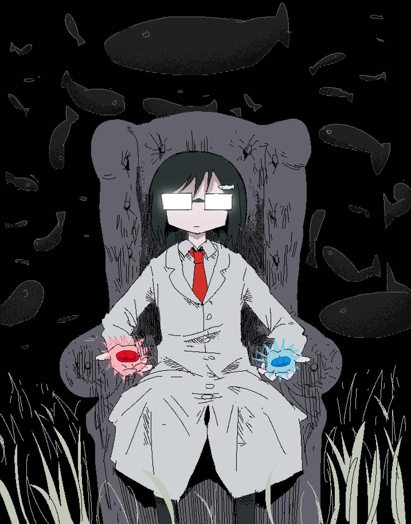 armchair, black_hair, black_socks, chair, closed_mouth, cosplay, facing_viewer, fish_hair_ornament