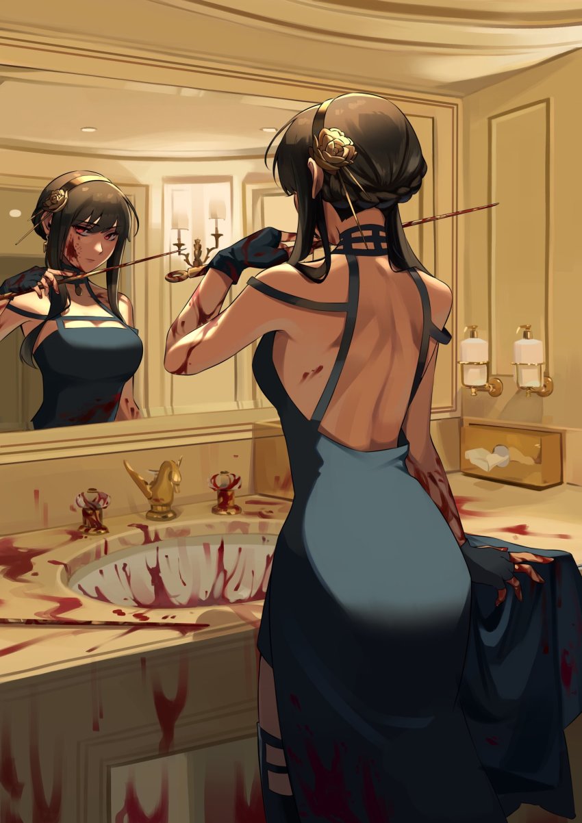 1girl, bare_shoulders, bathroom, black_dress, black_hair, blood, blood_splatter, breasts, commentary, counter, dagger, dress, earrings, english_commentary, faucet, fingerless_gloves, gloves, hair_ornament, highres, holding, holding_weapon, indoors, jewelry, knife, long_hair, mirror, mumechi, red_eyes, reflection, sidelocks, sink, skirt, solo, spy_x_family, weapon, yor_briar