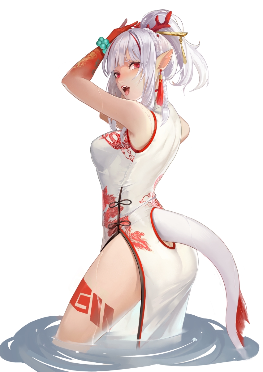 1girl, absurdres, alternate_eye_color, arknights, arms_up, ass, breasts, butt_crack, china_dress, chinese_clothes, dress, hair_ornament, hair_stick, highres, large_breasts, long_hair, looking_at_viewer, multicolored_hair, nian_(arknights), nian_(unfettered_freedom)_(arknights), official_alternate_costume, open_mouth, ponytail, qingci, red_eyes, red_hair, simple_background, sleeveless, sleeveless_dress, solo, standing, streaked_hair, tail, thighs, wading, white_background, white_dress, white_hair