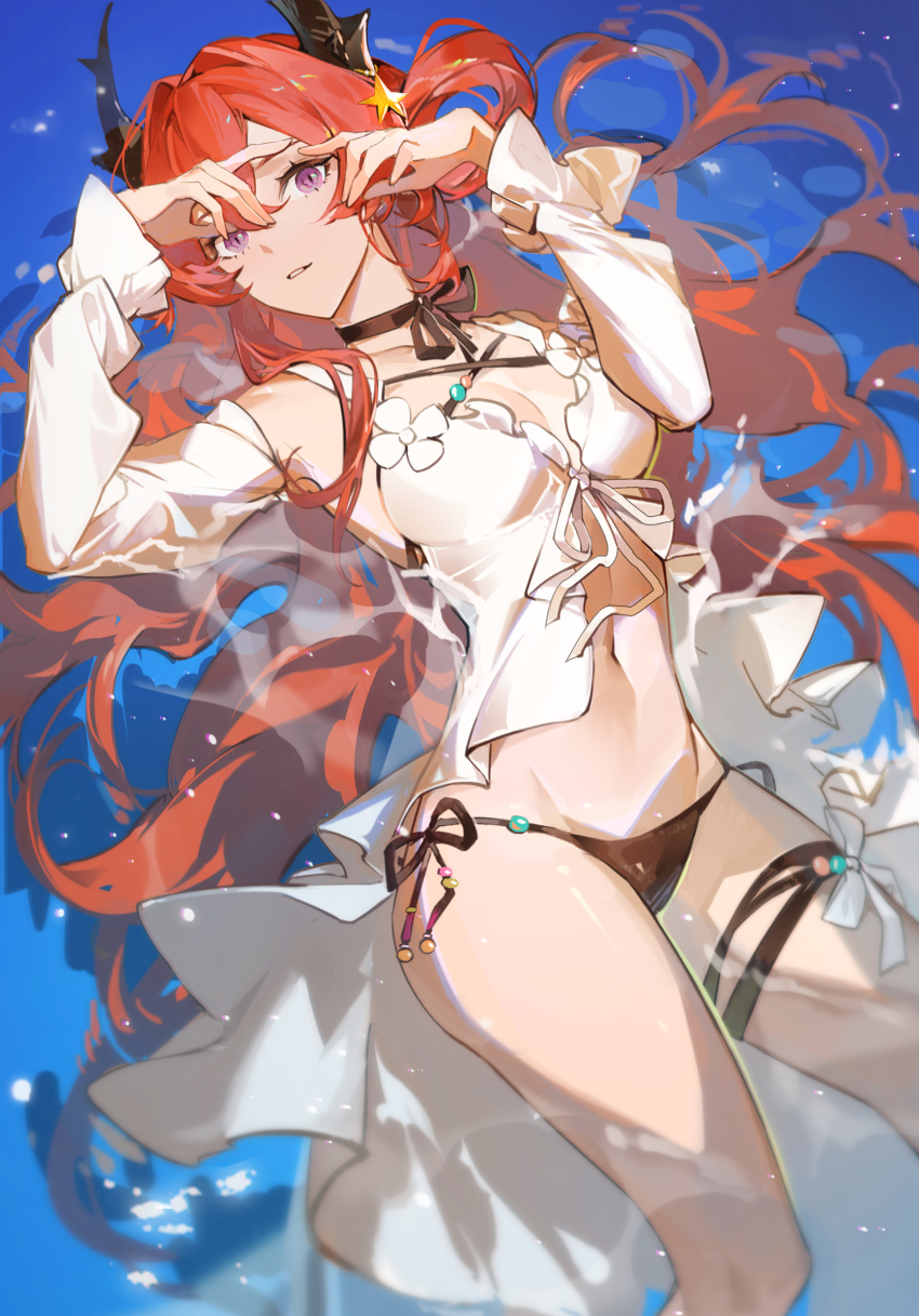1girl, arknights, bare_shoulders, bikini, black_choker, choker, detached_sleeves, feet_out_of_frame, hair_intakes, hair_rings, hair_spread_out, highres, horns, long_hair, long_sleeves, looking_at_viewer, mingtiantian, navel, official_alternate_costume, parted_lips, purple_eyes, red_hair, side-tie_bikini_bottom, solo, stomach, surtr_(arknights), surtr_(colorful_wonderland)_(arknights), swimsuit, thighs, very_long_hair