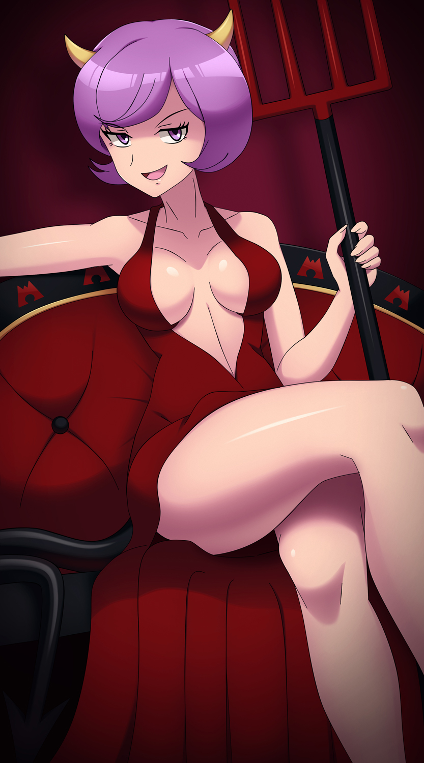 1girl, adapted_costume, armpits, bare_shoulders, breasts, cleavage, clenched_hand, collarbone, courtney_(pokemon), courtney_(pokemon_oras), crossed_legs, dmy-gfx, dress, eyelashes, fake_horns, female_focus, fingernails, formal_clothes, half-closed_eyes, highres, horns, legs, long_dress, looking_at_viewer, matching_hair/eyes, medium_breasts, neck, nintendo, no_bra, open_mouth, outstretched_arms, pokemon, pokemon_omega_ruby_and_alpha_sapphire, polearm, purple_eyes, purple_hair, red_dress, revealing_clothes, scott_bennett, seductive_smile, shiny_clothes, shiny_skin, short_hair, side_bangs, side_slit, sidelocks, sitting, sleeveless, sleeveless_dress, smile, spread_arms, team_magma, thighs, trident, weapon