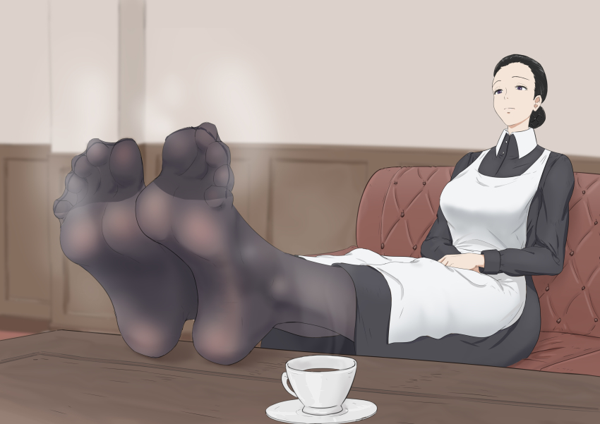 1girl, absurdres, apron, black_hair, black_pantyhose, blue_eyes, cup, feet, foot_focus, hair_bun, highres, isabella_(yakusoku_no_neverland), long_hair, no_shoes, pantyhose, sitting, smell, soles, steam, table, teacup, toes, yakusoku_no_neverland