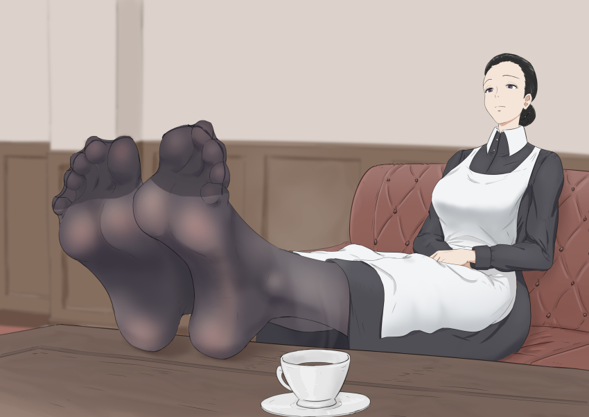 1girl, absurdres, apron, black_hair, black_pantyhose, blue_eyes, cup, feet