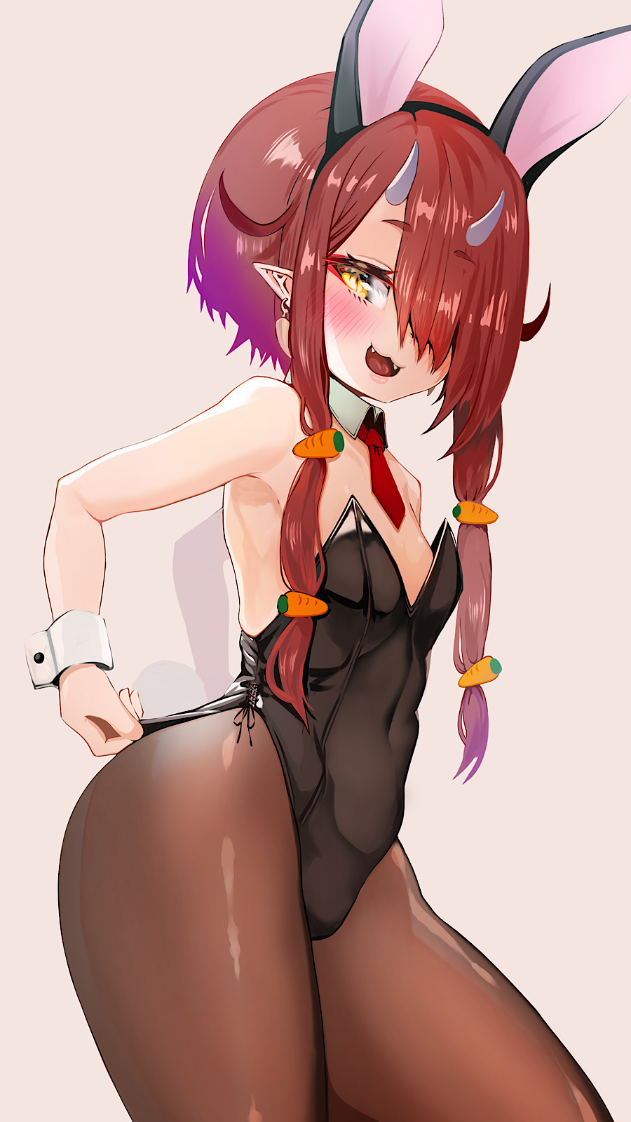 1girl, :d, adjusting_clothes, adjusting_leotard, animal_ears, armpits, bare_arms, bare_shoulders, black_leotard, blush, breasts, carrot_hair_ornament, commentary_request, covered_navel, cowboy_shot, curvy, detached_collar, earrings, fake_animal_ears, fangs, food-themed_hair_ornament, hair_ornament, highleg, highleg_leotard, highres, hoozuki_warabe, horns, jewelry, kajimakoto, leotard, looking_at_viewer, necktie, noripro, oni, oni_horns, open_mouth, paid_reward_available, pantyhose, playboy_bunny, pointy_ears, rabbit_ears, red_hair, red_necktie, short_hair_with_long_locks, short_necktie, sidelocks, slit_pupils, small_breasts, smile, solo, strapless, strapless_leotard, thick_thighs, thighs, virtual_youtuber, wide_hips, wrist_cuffs, yellow_eyes