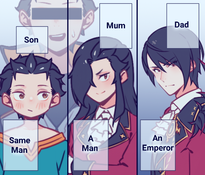 3boys, age_regression, aged_down, ascot, black_hair, blush, breast_padding, breasts, brown_eyes, child, crossdressing, crossdressing_(mtf), father_and_child, father_and_son, fur_trim, green_shirt, hair_over_one_eye, meme, military, military_uniform, multiple_boys, natsuki_subaru, natsumi_schwarz, parent_and_child, re:zero_kara_hajimeru_isekai_seikatsu, sanpaku, shirt, slothfulonie, trap, vincent_vollachia