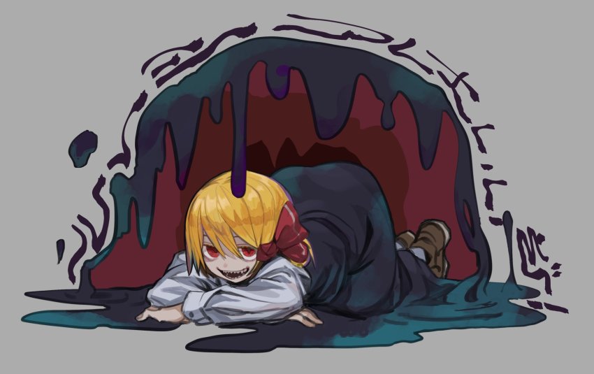 ass, black_skirt, black_vest, blonde_hair, crossed_arms, evil_smile, highres, kijima_(amayadori-tei), liquid, pale_skin, red_eyes, red_ribbon, ribbon, rumia, shadow, sharp_teeth, shirt, shoes, simple_background, skirt, smile, teeth, top-down_bottom-up, touhou, vest, white_shirt