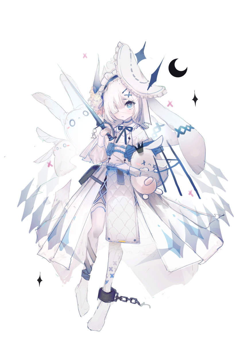1girl, absurdres, akashic_chronicle, anna_(akashic_chronicle), blue_eyes, blue_theme, dress, full_body, hair_over_one_eye, highres, holding, holding_stuffed_toy, horns, mobile_legends:_bang_bang, one_eye_covered, short_hair, solo, stuffed_animal, stuffed_rabbit, stuffed_toy, tl_(hentai69561353), white_background, white_dress, white_hair, white_theme