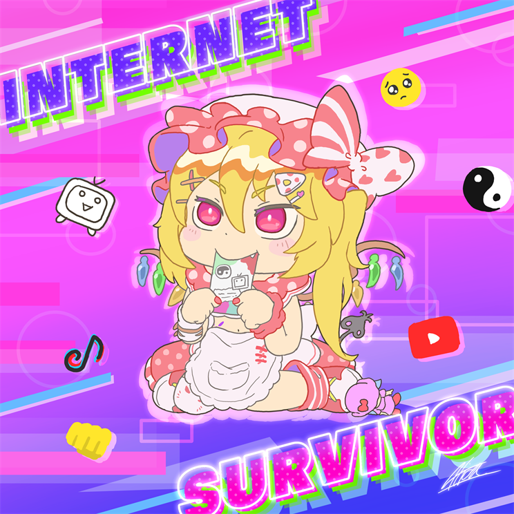 1girl, akion_(chibaibaraki), apron, blonde_hair, chibi, emoji, emoticon, english_text, fang, fang_out, flandre_scarlet, frilled_apron, frills, gradient_background, hair_between_eyes, hat, internet_survivor, long_hair, mob_cap, multicolored_wings, niconico, pink_background, pleading_face_emoji, polka_dot, polka_dot_skirt, purple_background, red_eyes, red_footwear, red_skirt, shirt, side_ponytail, sitting, skirt, solo, tail, tiktok, touhou, waist_apron, wariza, white_apron, wings, yin_yang, youtube
