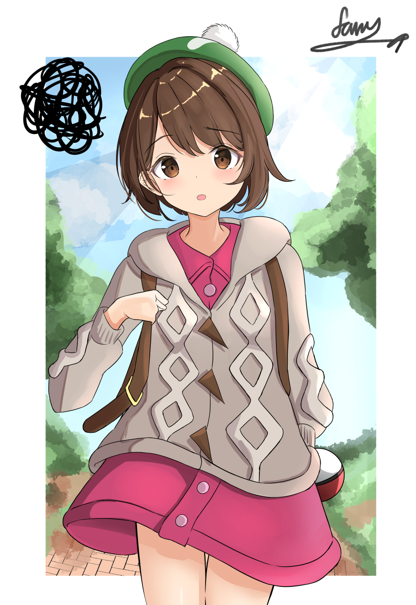 1girl, :o, absurdres, blush, bob_cut, border, brown_eyes, brown_hair