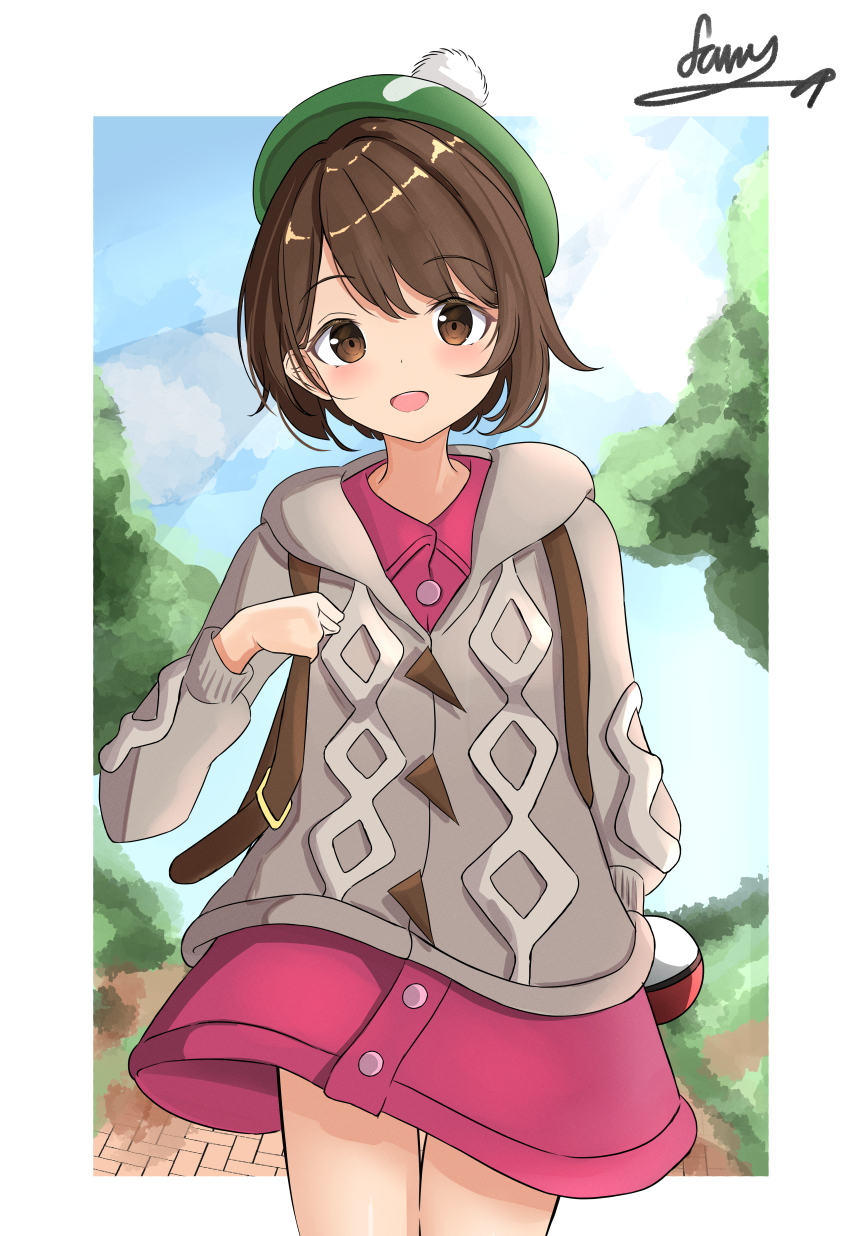 1girl, :d, absurdres, blush, bob_cut, border, brown_eyes, brown_hair