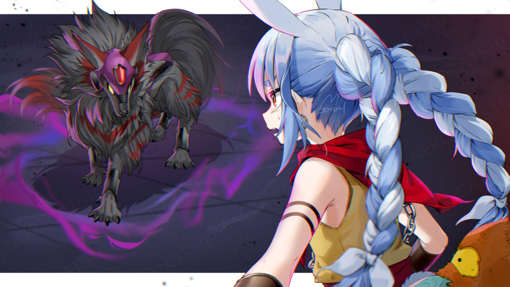 animal_ear_fluff, animal_ears, bare_shoulders, blue_hair, bracer, braid, cape, carrot_hair_ornament