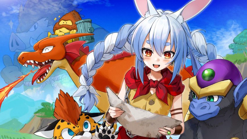 animal_ear_fluff, animal_ears, bare_shoulders, blue_hair, bracer, braid, cape, carrot_hair_ornament