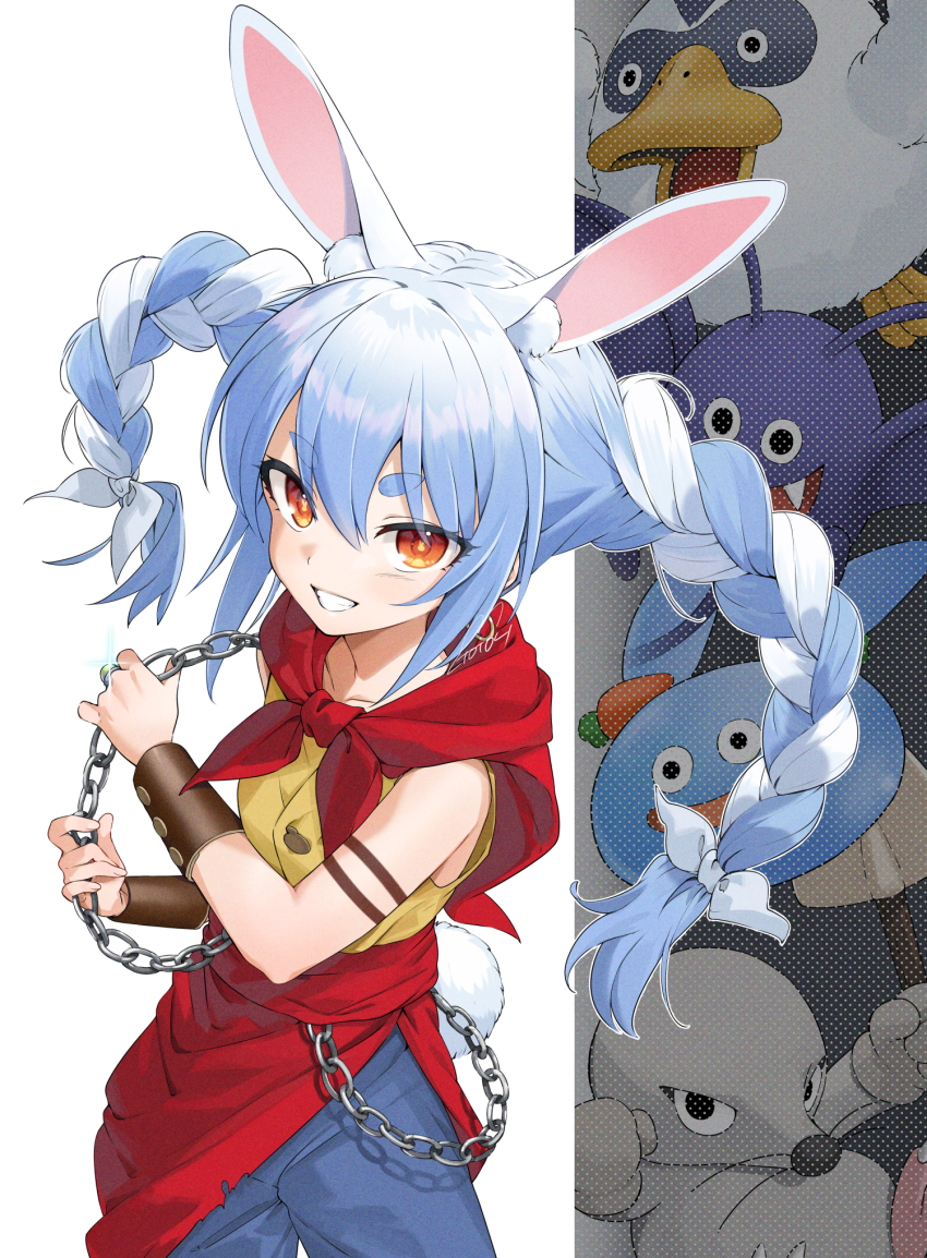 1girl, animal_ear_fluff, animal_ears, bare_shoulders, blue_hair, blue_pants, bracer, braid, cape, carrot_hair_ornament, determined, dracky, dragon_quest, dragon_quest_monsters_joker, earrings, food-themed_hair_ornament, gotoh_(nekocat), grin, hair_between_eyes, hair_ornament, highres, hololive, hoop_earrings, jewelry, long_hair, multicolored_hair, orange_eyes, pants, rabbit-shaped_pupils, rabbit_ears, rabbit_girl, rabbit_tail, red_cape, shirt, short_eyebrows, single_earring, sleeveless, sleeveless_shirt, slime_(dragon_quest), smile, solo_focus, swept_bangs, symbol-shaped_pupils, tail, thick_eyebrows, twin_braids, twintails, two-tone_hair, usada_pekora, v-shaped_eyebrows, virtual_youtuber, white_hair, yellow_shirt