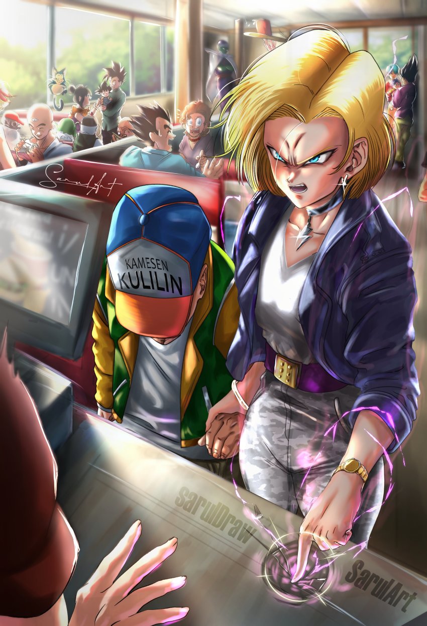4girls, 6+boys, absurdres, alien, android_18, angry, bald, baseball_cap, belt_buckle, blonde_hair, blue_eyes, buckle, camouflage, camouflage_pants, colored_skin, creature, day, diner, dragon_ball, dragonball_z, embarrassed, energy, excuse_me_he_asked_for_no_pickles_(meme), floating, green_skin, hair_bun, hat, height_difference, highres, holding_hands, indoors, jacket, kuririn, lunch_(bad)_(dragon_ball), lunch_(dragon_ball), meme, multiple_boys, multiple_girls, muten_roushi, pants, restaurant, sarulart, scared, son_goku, son_goten, spiked_hair, standing, sweatdrop, tapping_finger, third_eye, toriyama_akira_(character), tray, trunks_(dragon_ball), vegeta, watch, wristwatch, yamcha