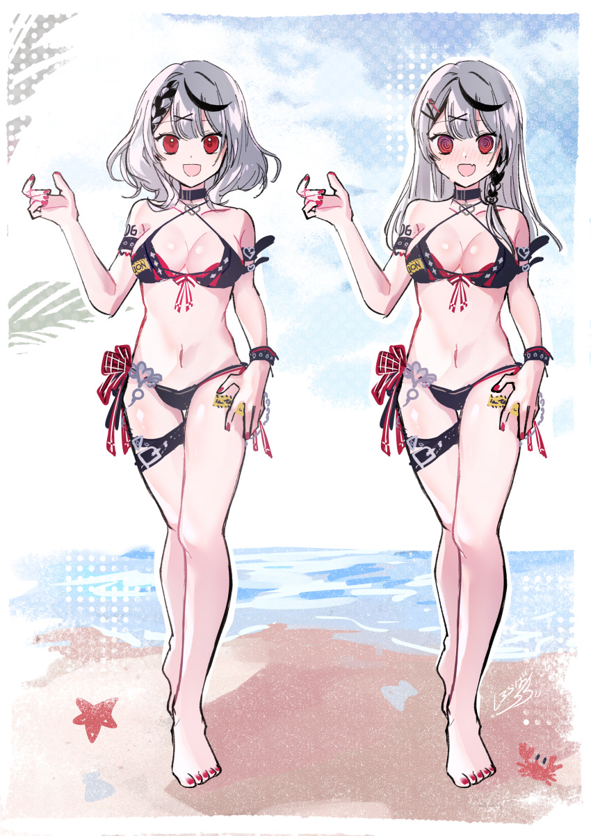 1girl, @_@, absurdres, beach, bikini, black_bikini, black_choker, blush, choker, fang, female_focus, full_body, highres, hololive, looking_at_viewer, multiple_views, open_mouth, outdoors, red_eyes, sakamata_chloe, shiroraba, silver_hair, standing, swimsuit, thigh_strap, virtual_youtuber