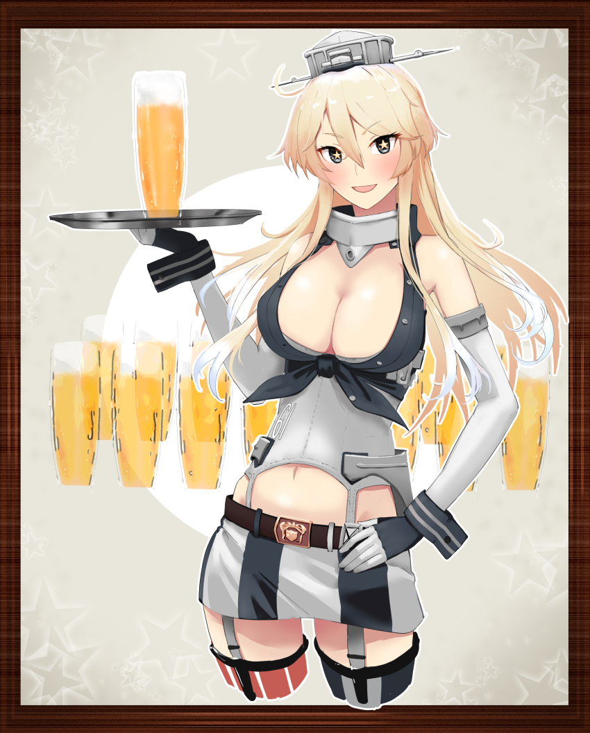 1girl, absurdres, alcohol, american_flag, american_flag_legwear, american_flag_print, asymmetrical_legwear, beer