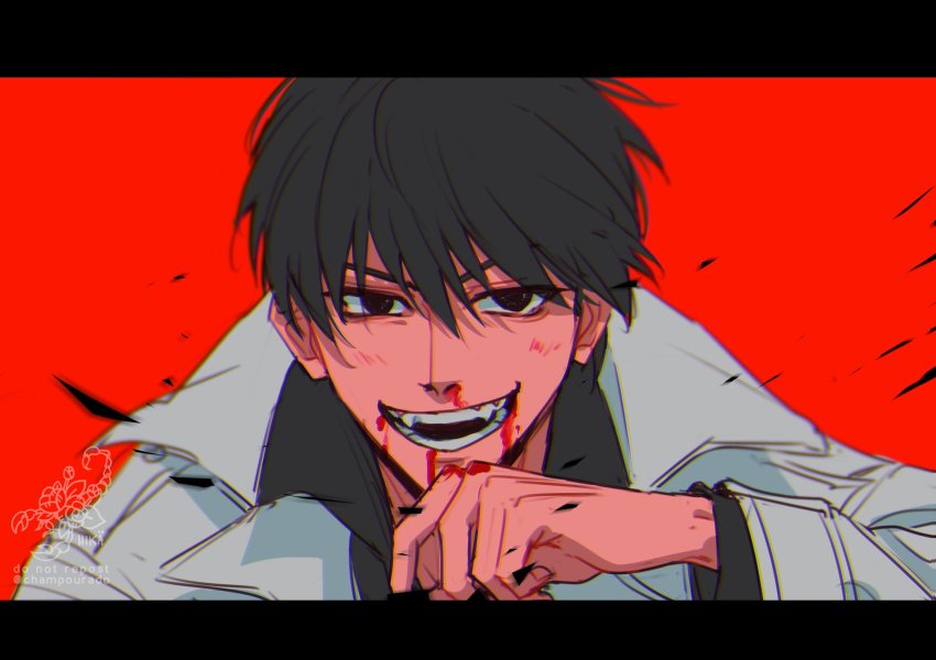 1boy, black_eyes, black_hair, black_shirt, blood, blood_from_mouth, blood_on_face, champourado, chromatic_aberration, coat, commentary, hair_between_eyes, hand_up, highres, kim_dokja, letterboxed, long_sleeves, looking_at_viewer, male_focus, omniscient_reader's_viewpoint, open_mouth, red_background, shirt, short_hair, simple_background, smile, solo, untranslatable_commentary, teeth, twitter_username, upper_body, watermark, white_coat