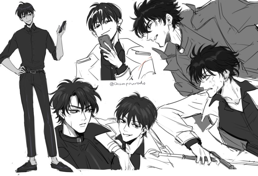 2boys, arm_on_another's_shoulder, cellphone, champourado, closed_mouth, coat, collared_shirt, commentary, greyscale, hair_between_eyes, hand_on_own_hip, highres, holding, holding_phone, holding_sword, holding_weapon, kim_dokja, long_sleeves, looking_at_another, looking_at_viewer, male_focus, monochrome, multiple_boys, omniscient_reader's_viewpoint, open_mouth, pants, phone, shirt, short_hair, simple_background, sketch, smartphone, smile, standing, sword, twitter_username, weapon, white_background, yoo_joonghyuk