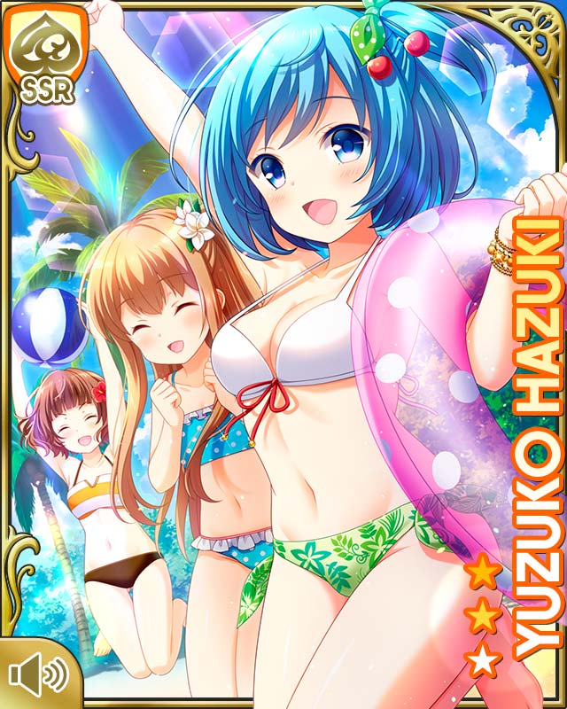 3girls, asahina_momoko, bare_arms, bare_legs, barefoot, beach, bikini, black_bikini, blue_bikini, blue_eyes, blue_hair, brown_hair, card, character_name, closed_eyes, day, fukita_ibuki, girlfriend_(kari), green_bikini, hazuki_yuzuko, jumping, multiple_girls, navel, official_art, open_mouth, outdoors, qp:flapper, red_eyes, short_hair, smile, solo, standing, swimsuit, tagme, tropical, white_bikini, yellow_bikini