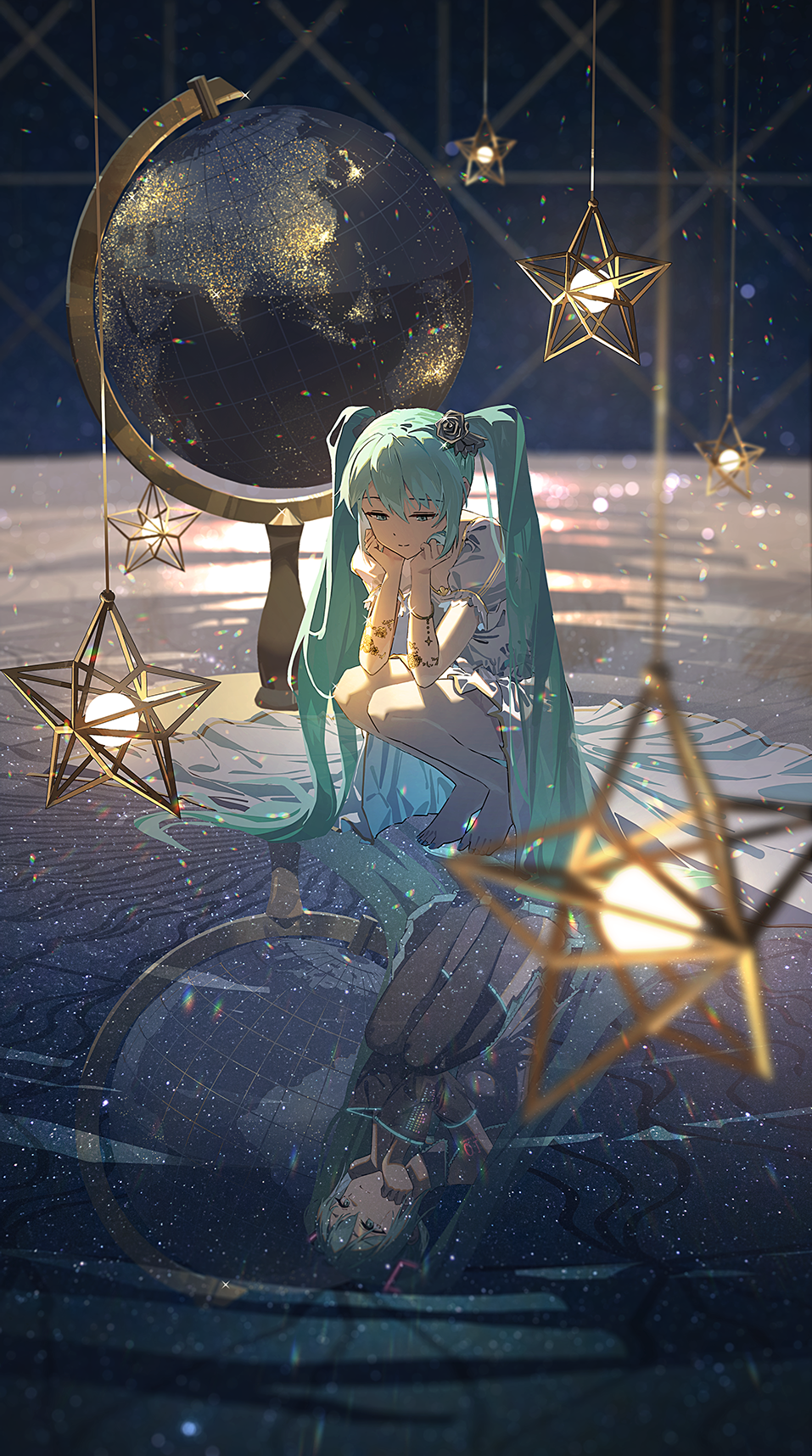 1girl, agas_(vpwt7475), alternate_costume, aqua_eyes, aqua_hair, aqua_nails, backlighting, bare_shoulders