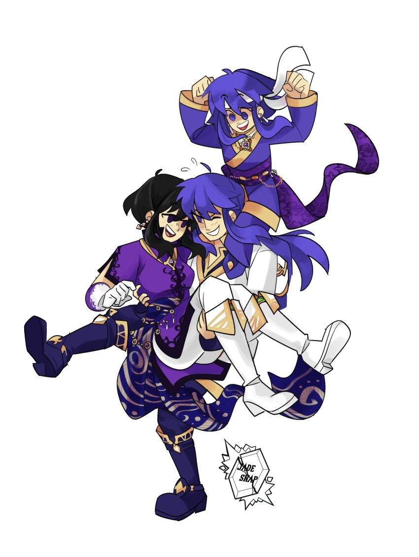 1boy, 2girls, absurdres, black_hair, blue_hair, carrying, fire_emblem, fire_emblem:_genealogy_of_the_holy_war, headband, highres, jadesnapart, larcei_(fire_emblem), multiple_girls, nintendo, seliph_(fire_emblem)