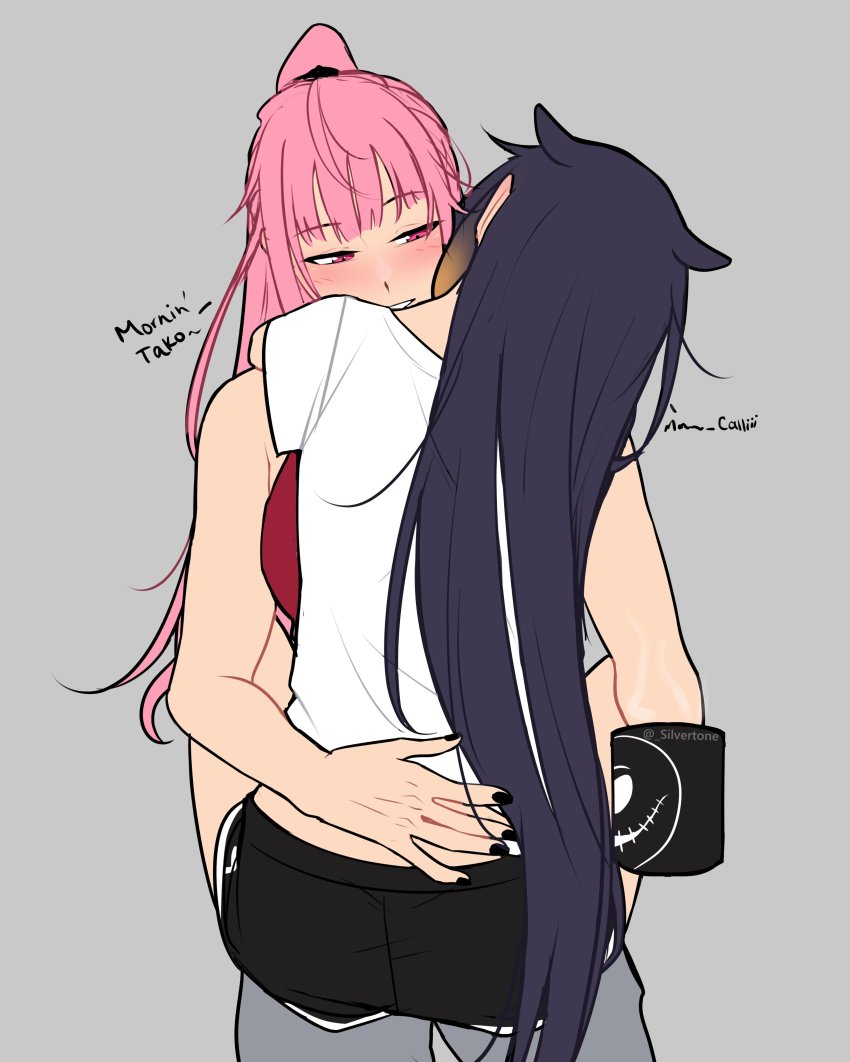 2girls, absurdres, arms_around_another's_waist, black_nails, black_shorts, blush, carrying, commentary