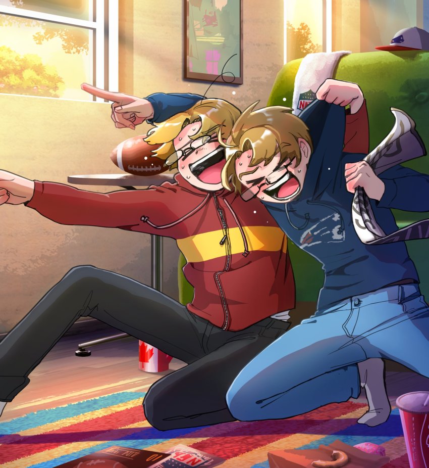 >_<, 2boys, :d, absurdres, ahoge, america_(hetalia), american_football_(object), axis_powers_hetalia