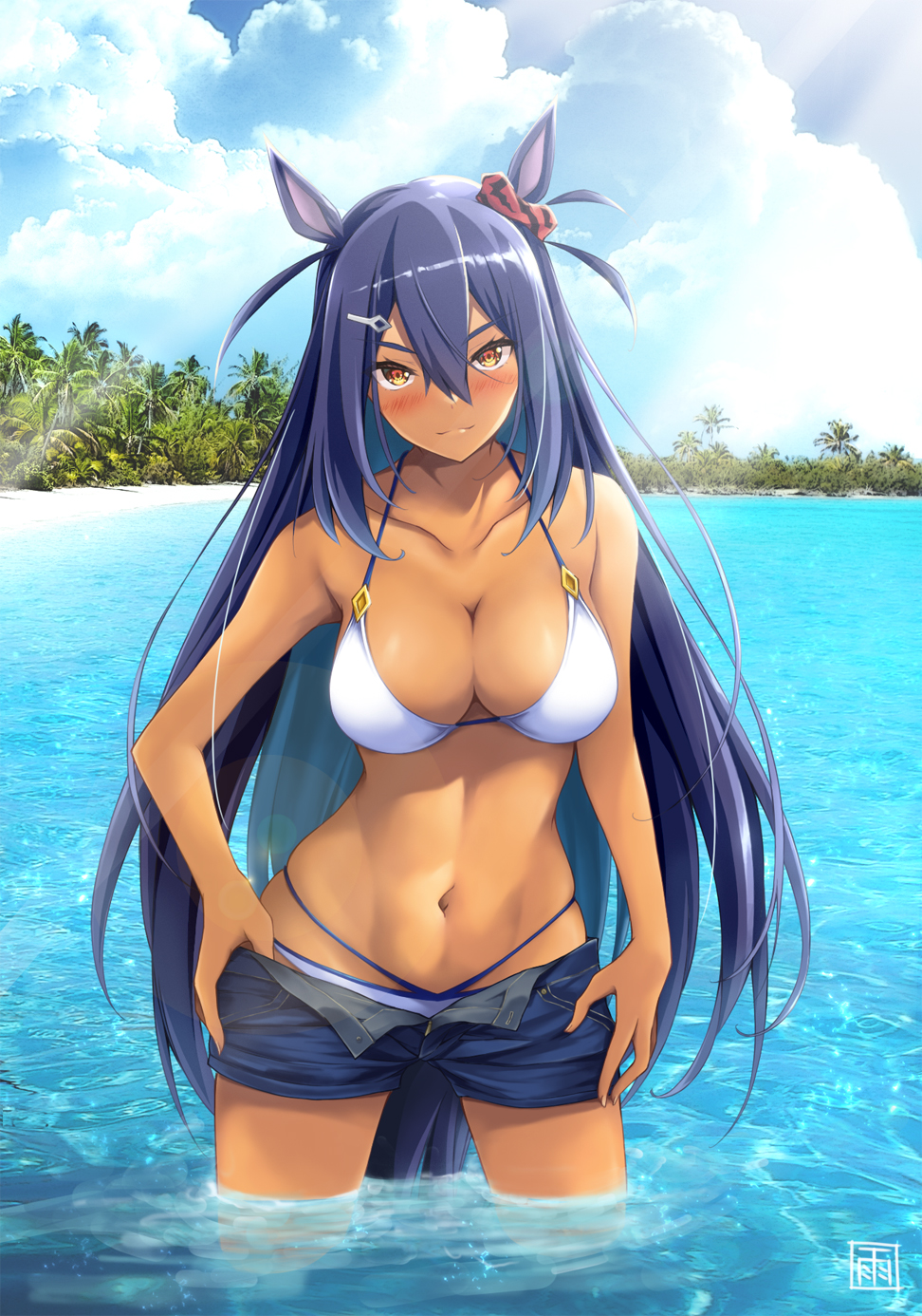 1girl, amane_soh, animal_ears, bare_shoulders, bikini, bikini_under_clothes, blue_hair, blue_shorts, breasts, cleavage, cowboy_shot, dark-skinned_female, dark_skin, denim, denim_shorts, ear_scrunchie, hair_between_eyes, highres, hishi_amazon_(umamusume), horse_ears, horse_girl, horse_tail, large_breasts, long_hair, looking_at_viewer, midriff, navel, open_fly, outdoors, red_eyes, red_scrunchie, scrunchie, short_shorts, shorts, smile, solo, standing, swimsuit, tail, tan, umamusume, unzipped, wading, water
